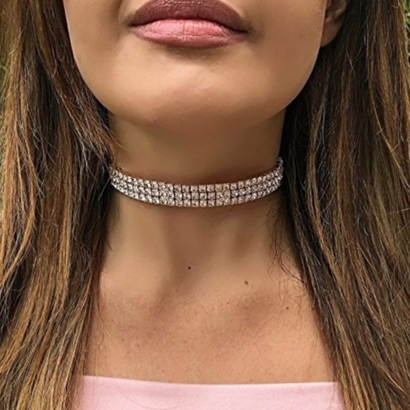 Womens "Selena" Rose Gold 3 Row Rhinestone Choker - Picture 1 of 4